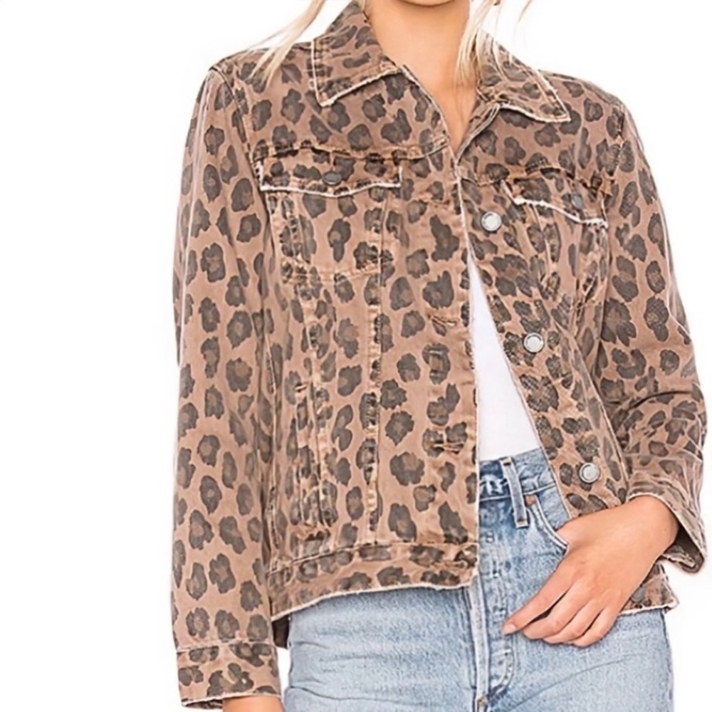 Blank NYC Denim Trucker Jacket in “Catwalk” Animal Print Neutral Rose / Brown XS